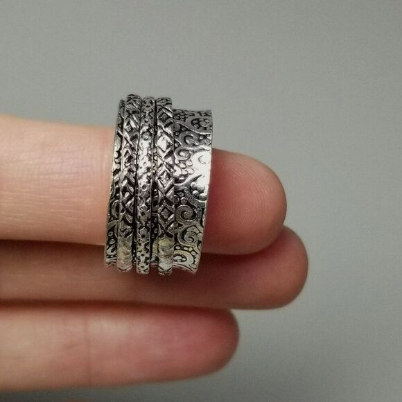 Vintage Spinner Ring, Silver Tone Moving Bands, Wide Size 10 Band, Estate - Picture 3 of 8